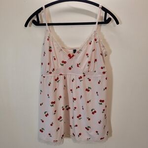 Laura Ashley 2 Piece Set Cherry Print Baby Pink Lace Pajamas - Size XL